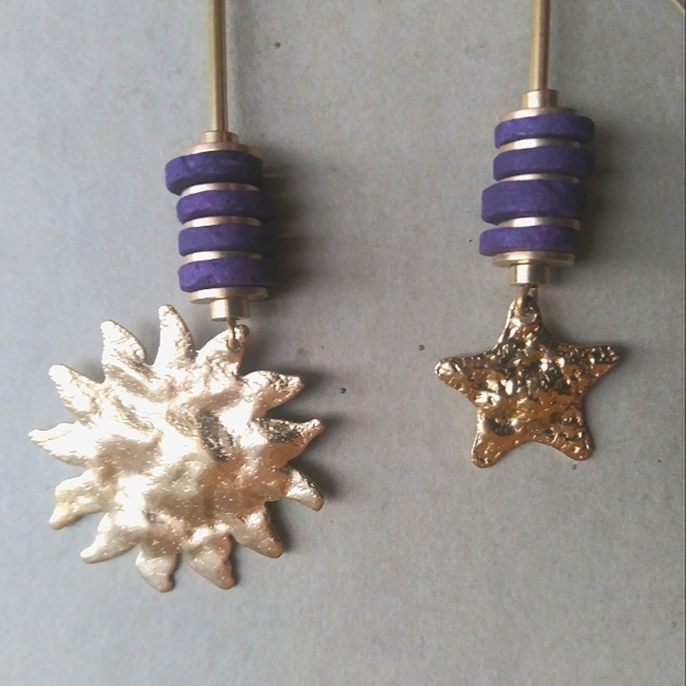 Handmade Sun And Star Purple Earrings - Picture 2 of 5